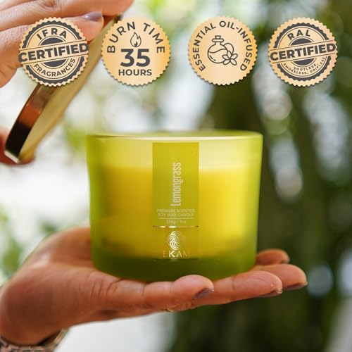 Image of EKAM 3 Wick Soy Wax Scented Candle | Lemongrass Fragrance | 35 Hr Burn | Long Lasting Premium Jar Candle for Home Decor, Relaxation & Aromatherapy