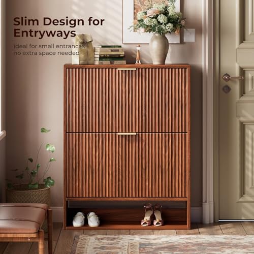 Image of Evermagin 31.5''W Walnut Shoe Cabinet Storage for Entryway, Fluted Slim Shoe Dresser with 2 Flip Drawers, Narrow Shoe Rack Cabinet, Hidden Shoe Organizer Cabinet for Entrance, Hallway