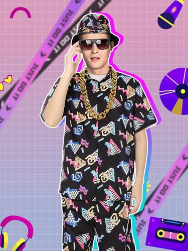 80s 90s Outfit for Men, Retro Hawaiian Shirts and Shorts Set,Hip Hop Sportswear 7Pcsfor Disco Party3