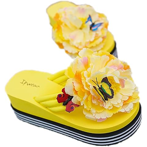 Women Sandals Flowers Butterfly Slippers Summer Flip Flops Platform Slide Wedge Beach Slipper Shoes, Yellow, 4 UK Cover