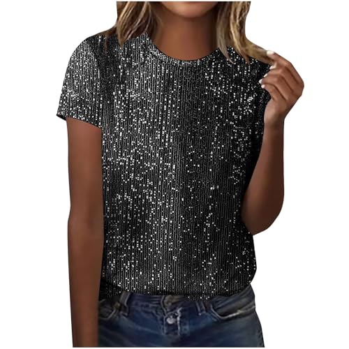 Tshirt Damen Kurzarm Glitzer Oberteile Pailletten Bedrucken T-Shirt...