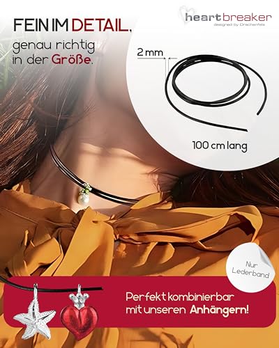Heartbreaker Lederband schwarz I 2 mm x 1 m I Hochwertiges Band aus Echtleder I Edle Lederkette für Damen & Herren I Lederschnur ideal als Halskette, Armband & Fußkette I HB LD 1