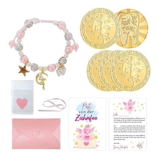Monedas De Hada De Los Dientes, Pulsera De Perlas Para Dientes De Leche, Regalos Para Hada De Los Dientes Para Niñas, 5 Monedas Doradas De La Suerte Y Pulseras De Colores Para Niños Con Dientes Perdid