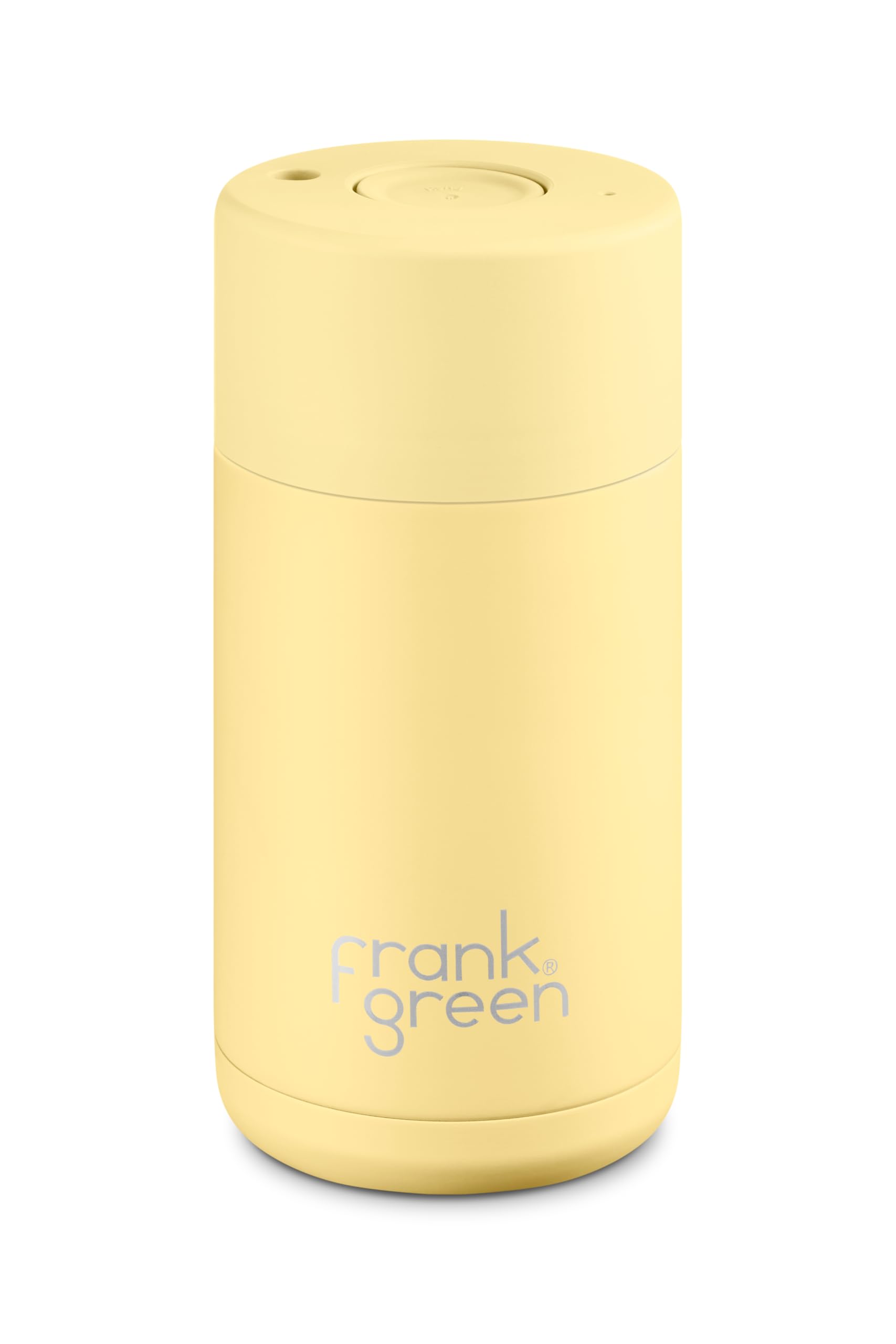 frank green Insulated Travel Mug for Cold Or Hot Drinks - 355ml/12oz Reusable Coffee Cup with Push-Button Lid, Ceramic Lined, Triple Wall Vacuum - Buttermilk Yellow