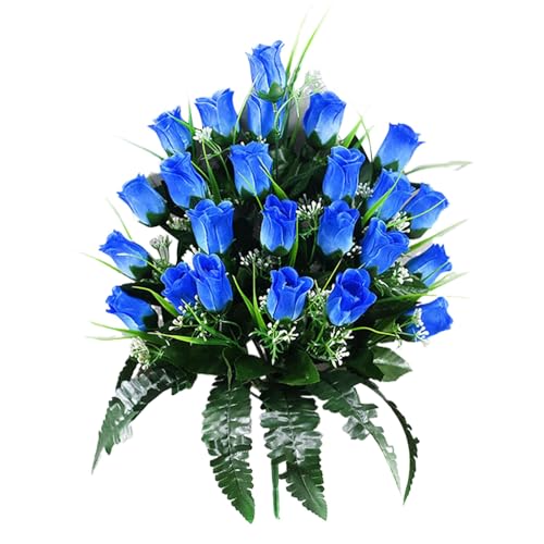 Grableger Grabschmuck mit Künstlichen Rose, Künstliche Blumen Rosen, Kunstblumen, Grabdekoration, Friedhofsgesteck Blütenfreude, Arrangement Blumen, Gesteck Seidenblumen Deko (Blau)