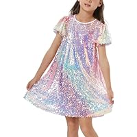Girls Sequin Dress Shiny Short Flutter Sleeve Midi Sparkly Party Dress with Hairbow-Small