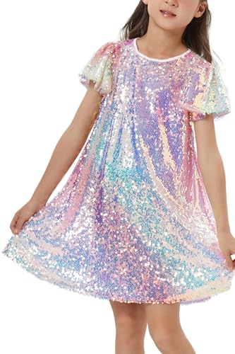 Girls Sequin Dress Shiny Short Flutter Sleeve Midi Sparkly Party Dress with Hairbow-Large