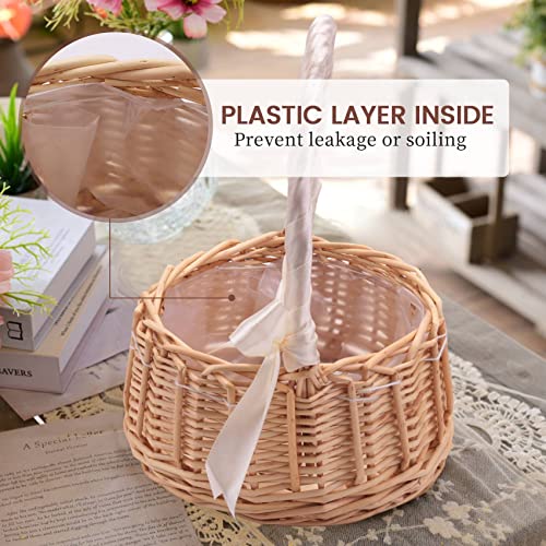 Ksrnsne Wicker Woven Flower Basket with Handle and White Ribbon Wedding Flower Girl Basket for Home Garden Decoration Small - Image 2