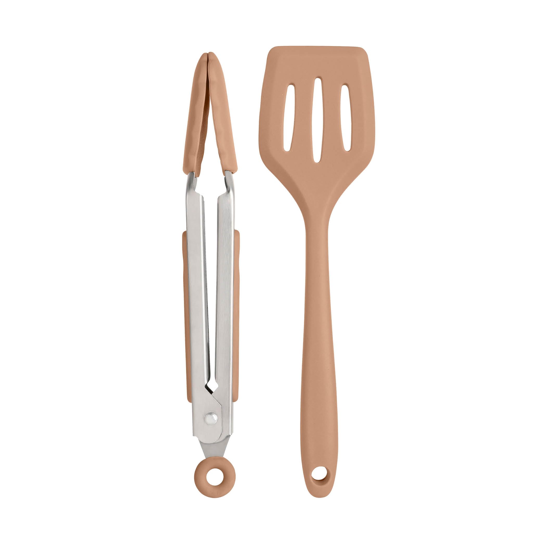 Wiltshire Silicone Mini Kitchen Tongs & Turner, Set of 2, Serving Spatula & Cooking Tongs, Salad BBQ Tongs Stainless Steel, Fish Slice, Heat-Resistant Utensil, Non-Stick, Non-Scratch, Mocha