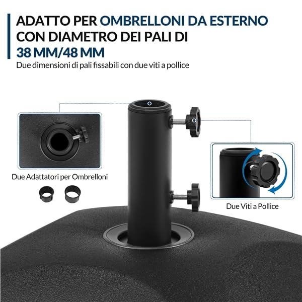 Base Per Ombrellone Da Giardino 37L Con 4 Ruote – Riempibile Con Acqua O Sabbia – Per Pali 38-48 Mm, HDPE E Metallo