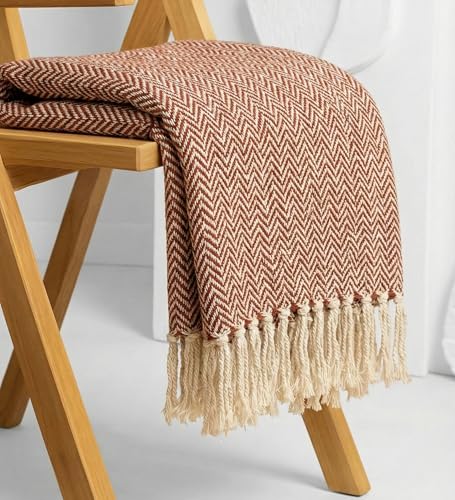 Image of Cotton Weave Boho Sofa Throw Blanket 50x60 Inches or 125x150 cms Lightweight, Soft & Breathable Couch, Bed or Chair Throw Blanket for Living or Bedroom, Zigzag Rust