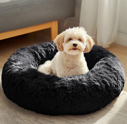 Image of JOLLYVOGUE Black Calming Donut Dog Bed, Anti-Anxiety Washable Round Bed, Fluffy Dog Cuddler Bed, Cozy Soft Dog Cat Cushion Bed for Small & Medium Dog (20 inch)