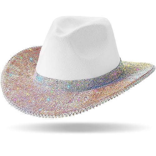 Image of Hercicy Rhinestone Cowboy Hat with Diamond Fringe CowHat for Cosplay Wedding circumference between 21.5 and 23.5 inches