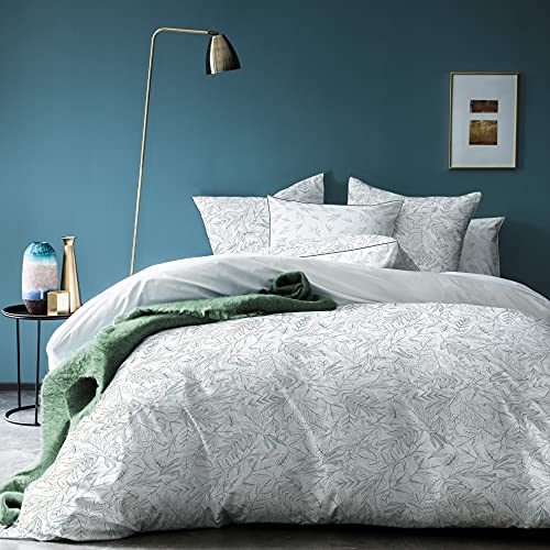 MATT & ROSE Housse de Couette 220x240 cm Feuillage Imprimées Réversibles | 100% Percale de Coton Bio | Oeko-TEX | 71 Fils/cm² | Blanc, Lichen