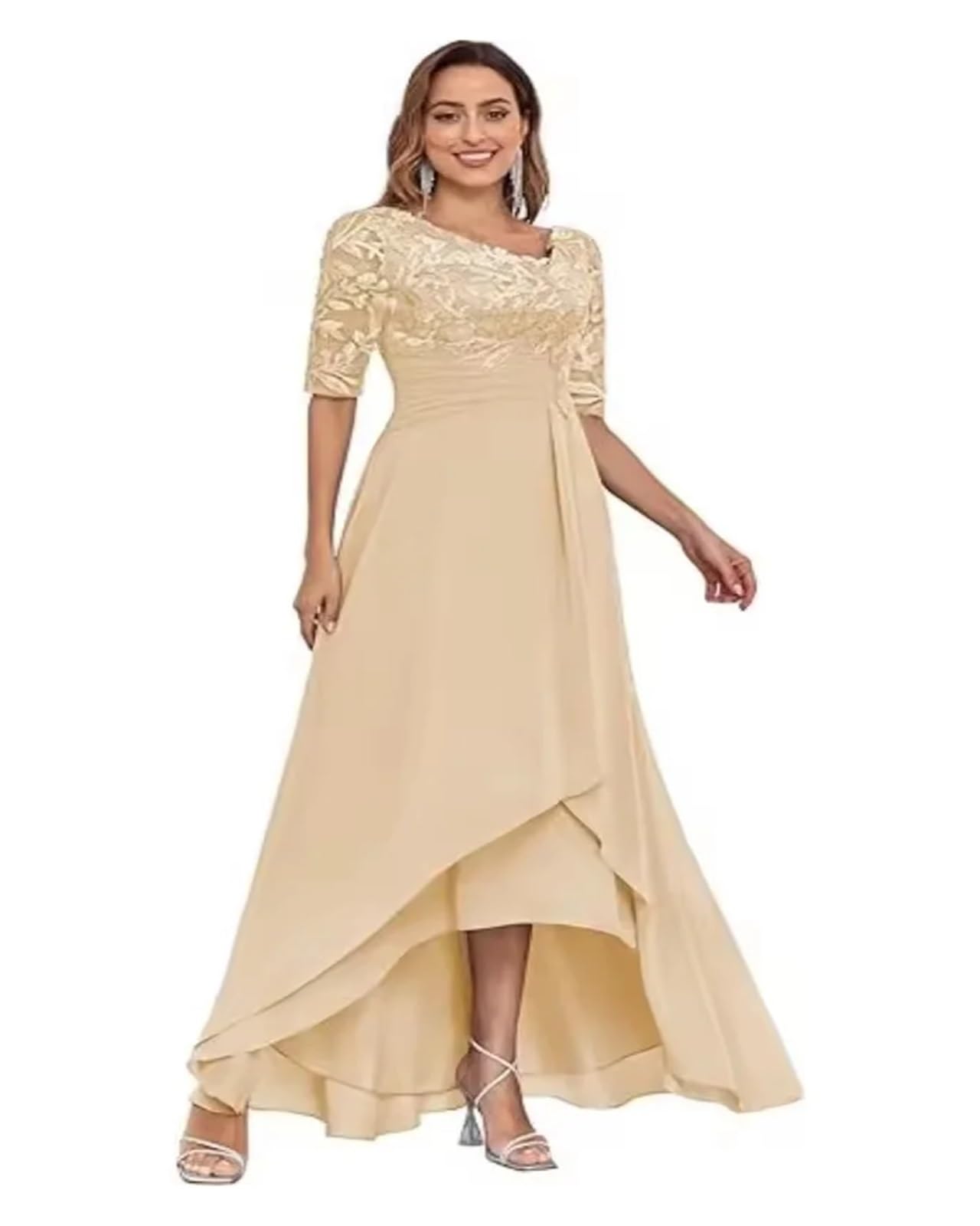 Grazioso Abito da Madre della Sposa in Pizzo for invitata al Matrimonio, Abito da Festa in Chiffon Lungo Fino al Ginocchio(Champagne,16W)
