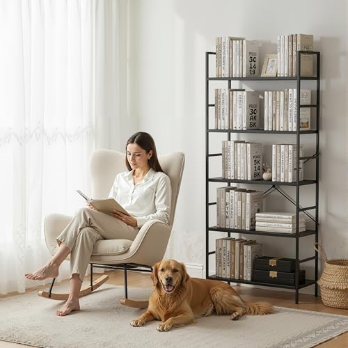 Image of HealSmart 5 Tier Bookshelf, Free Standing Book Shelf Home Office Bookcase Shelf Storage Organizer for Bedroom, Living Room, Bathroom, Office, Balcony, Black