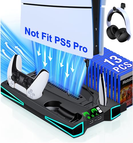 Image of PS5 Stand, PS5 /PS5 Slim Cooling Station with 3-Level Cooling Fan, Controller Charger Station for PS5 Accessories, Light, Headset Holder, 3 Charger Ports for PlayStation 5 Slim Console, Black