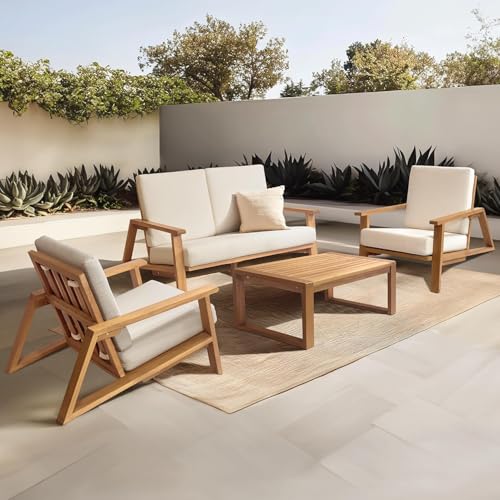 Lokingrise 4-Piece Deep Seating Teak Wood Patio Furniture Set, Acacia Wood Outdoor Conversation Sofa...