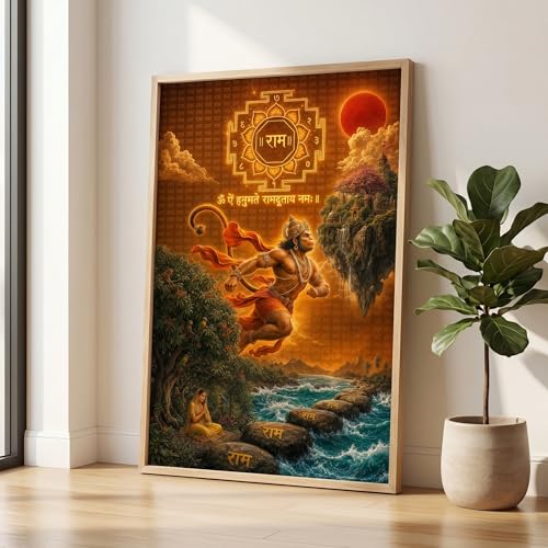 Image of Livin'luxe Hanuman Ram Yantra Wall Painting for Living Room Bedroom Pooja Room Decor with Premium Wooden Color Synthetic Frame, Spiritual Hindu Art Gift (13.5 x 19.5) NM01-4091