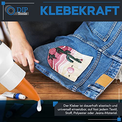 DIP-Tools Textilkleber Stoffkleber waschmaschinenfest 100ml I für Textilien Stoffe Polyester Jeans, Superkleber extra stark, transparent & wasserfest ohne Rückstände, geruchlos ohne Lösungsmittel