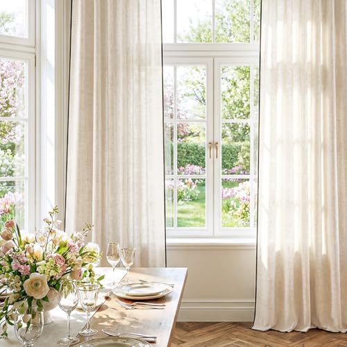 Image of jinchan Beige Linen Curtains with Black Trim Back Tab 50 x 96 Inch 2 Panels