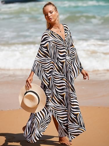 Image of IMAGEKOPE Women's Plus Size Animal Print V-Neck Batwing Kaftan Beach Dress Bathing Suit Cover-Up Loungewear