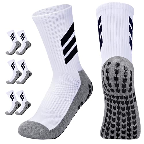 KTUEOV Calcetines Antideslizantes Futbol, 2/3 Pares Medias Futbol Hombre Antiampollas Altos Algodon Calcetines Futbol Calcetines Deporte Unisex para Running Ciclismo Trekking Baloncesto-Blancos