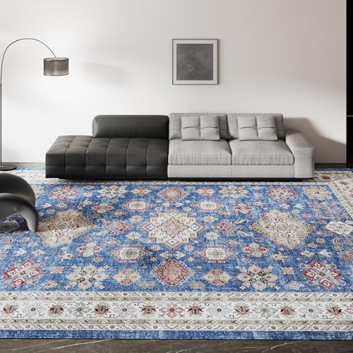Vintage 8x10 Washable Area Rug, Low-Profile Large Area Rug with Non-Slip Backing & Durable Edge Binding, Pet-Friendly Carpet, Large Rug for Living Room, Bedroom, Dinning Room