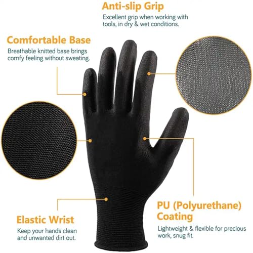 Image of Nylon Safety Work Gloves with Nitrile Coating - Industrial-Grade Protection for Cleaning, Warehouse, Mechanics, Construction - Durable, Flexible, Non-Slip Grip (Black, 25 Pair)