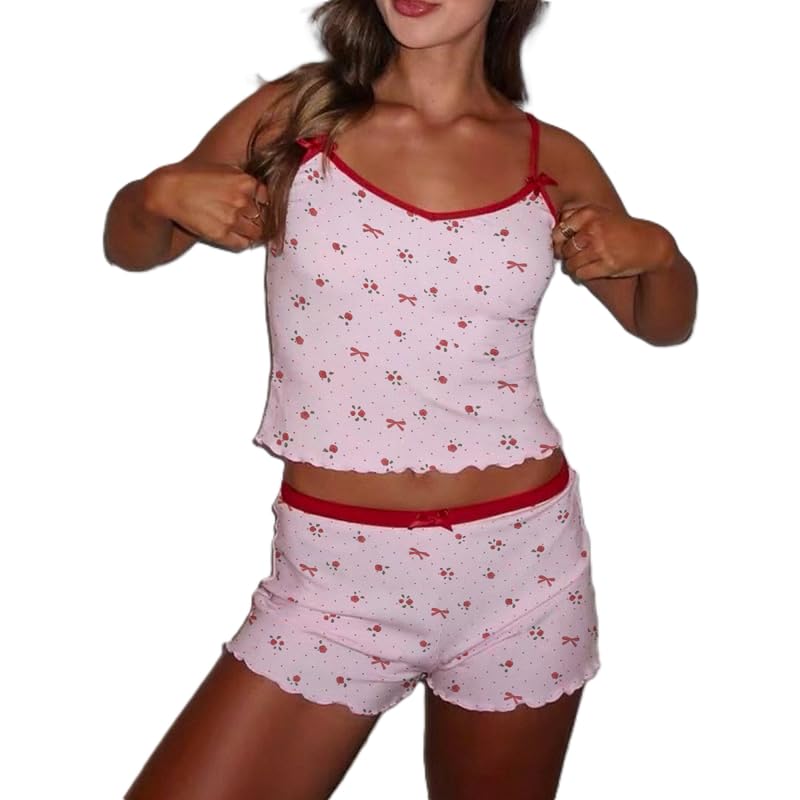 Image of Womens Y2K Cute Print Cami Pajama Sets Lace Trim V Neck Tank Top Shorts Set Bow Heart Print 2 Piece Sleepwear