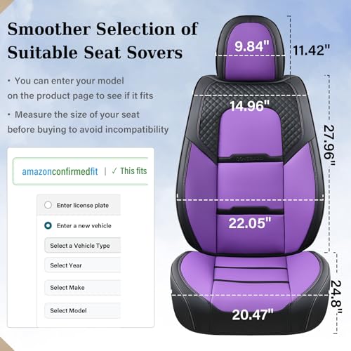 Image of Coverado Car Seat Covers Front Seats, 2 Piece Car Seat Protector with Removable Headrest, Nappa Leather Breathable Front Side All Wrapped Universal Fit Truck Automotive Most Cars Purple
