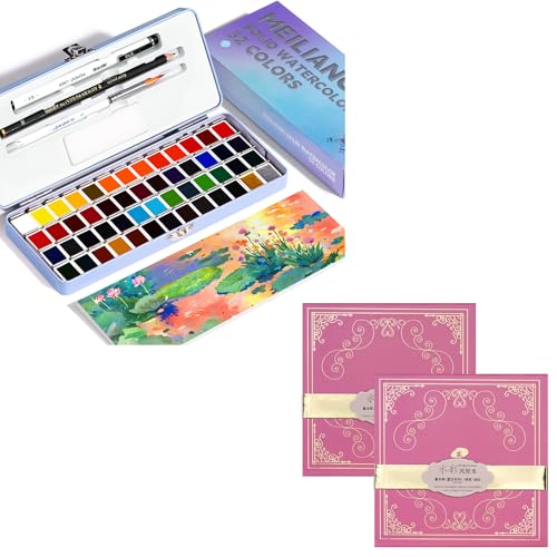 MeiLiang 52 Colors Travel Watercolor Paint Set (Blue Case) and Paul Rubens 5.5 x 5.5 Inches Organ Style Watercolor Paper, 140lb/300GSM 50% Cotton Hot Pressed Pack of 2 (14 Sheets)