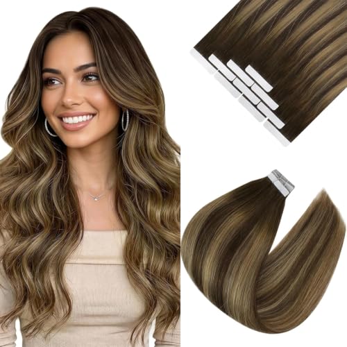 Image of Ve Sunny Hair Tape in Extensions Chocolate Brown Balayage Caramel Blonde | Hair Tape Extensions,Highlights Without Bleach,20Inch 25g 10Pcs,Silky Straight,for Wedding or Party