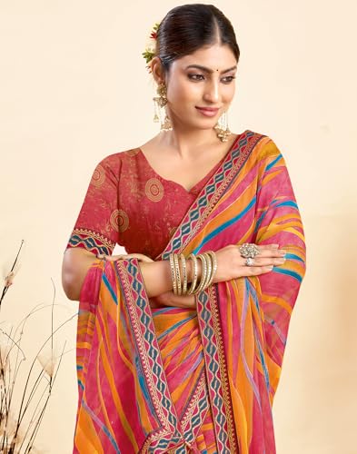 Image of SIRIL Women's Printed Chiffon Saree with Unstitched Blouse Piece
