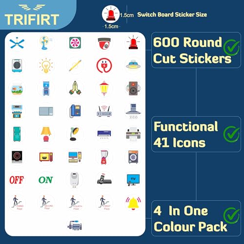 Image of TRIFIRT 600 Switch Board Button Self Adhesive Stickers for Plastic Surface for Home,40+ Icons for Fan Light Fridge AC,4 in 1 Gold,Rose Gold,B /W & Colourful Labels for Switchboard,1.5 cm