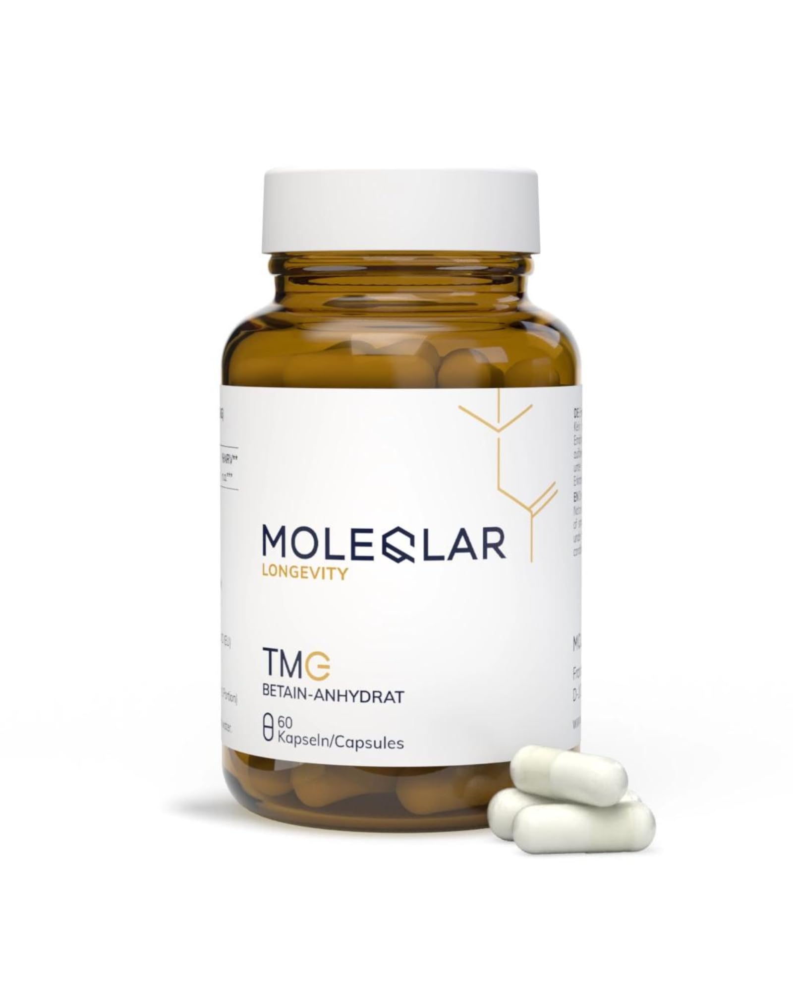 MoleQlar Bétaïne TMG 60 gélules – 500 mg triméthylglycine/capsule, haute pureté, végan, fabriqué en Europe