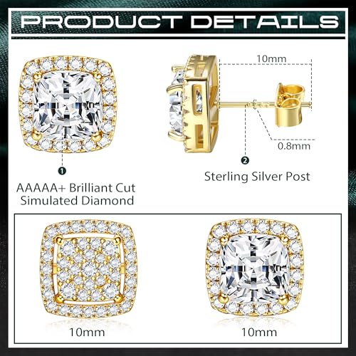 Dochais Cubic Zirconia Stud Earrings for Men Women, 14K Gold Plated Hypoallergenic 925 Sterling Silver Post Earrings Set, Iced Out Round & Square CZ Studs, Simulated Diamond Halo Earrings2