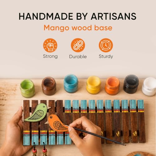 Image of Aakriti Art Creations Key Holder, Handcrafted Tribal Art Wooden Strips & Birds Design Key Hanger | Rustic Wood Wall Organizer with 5 Hooks| Storage Shelf For Keys, Hats| Multifunctional Entryway Decor