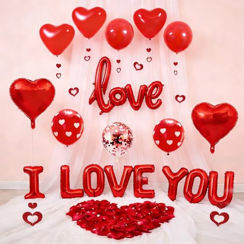 Image of 75 PCS Valentines Day Balloons with Red Heart Balloons and Printed Confetti Latex Balloons for Valentine's, Proposal, Wedding Party Romantic Decorations
