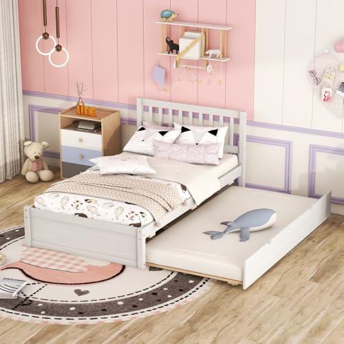 Wooden Twin Size Platform Bed Frame with Trundle and Sturdy Wooden Slats Support, No Box Spring Needed, Easy Assembly, Twin Bed Frame for Kids, Teens, Adults, White Washed Color