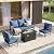 VICLLAX 4 Pieces Patio Furniture Set with Metal Firepit Table,Outdoor Sectional Set Includes Cushioned 3-seat Couch and 2 Fixed Sofa Chairs for Garden, Blue