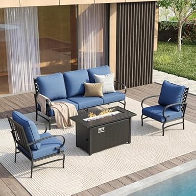VICLLAX 4 Pieces Patio Furniture Set with Metal Firepit Table,Outdoor Sectional Set Includes Cushioned 3-seat Couch and 2 Fixed Sofa Chairs for Garden, Blue