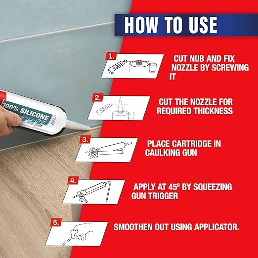 Image of Loctite 100% silicone sealant, Waterproof, No shrinkage, Dries in 10mins, Ideal for kitchen, bathroom, HVAC applications, Sealant for glass, ceramics, aluminum, steel, Transparent, 260ml