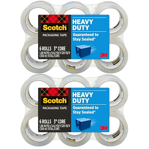 Image of Scotch Heavy Duty Shipping Packaging Tape 3850, Clear, 1.88 in x 54.6 yd (48 mm x 50 m), 12 Pack (12 Rolls), 3.0 Mil Box Sealing Tape