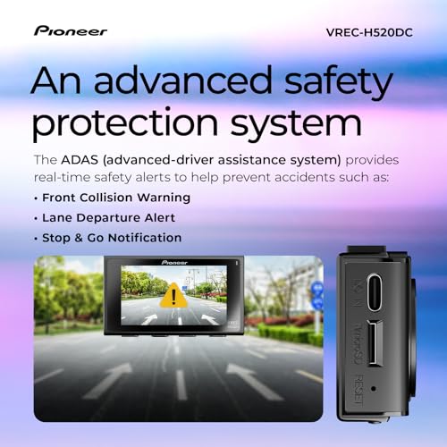 Image of Pioneer VREC-H520DC Dual Dash Cam Front and Rear Car Camera - Large Screen, 2K Resolution, Starvis Night Vision, 140 Degree Wide Lens, ADAS Safety Alerts, Built In GPS, Impact Detection, 24 /7 Coverage