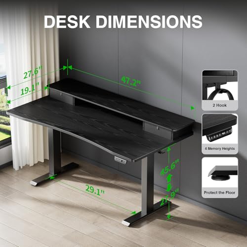 Image of Veken 47.2 inchx27.6 inch Standing Desk with Storage Drawers, Adjustable Height Computer Table with Monitor Shelf, Home Office Desk for Study, Gaming, Workstation, Black