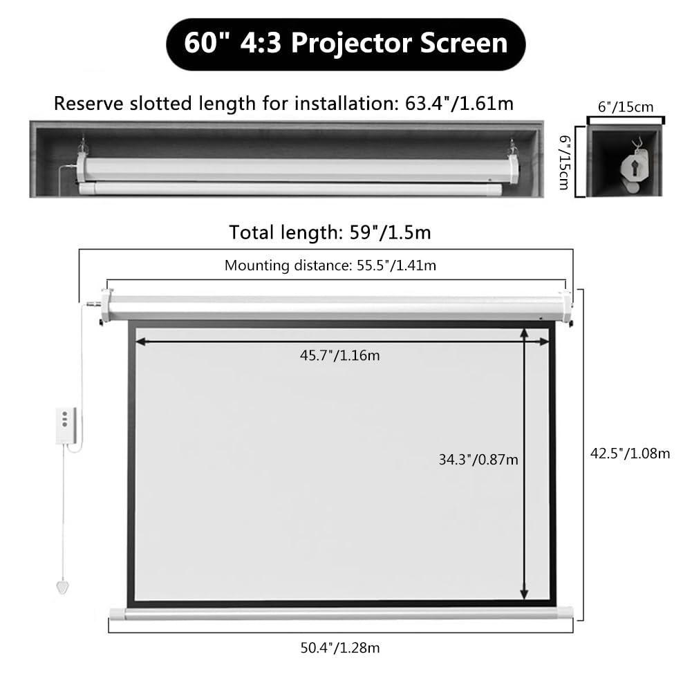 Schermo per Proiettore Motorizzato da 60 72 84 Pollici con Telecomando, 4K HD Bianco Opaco, Montaggio a Parete/Soffitto per Home Theater, Ufficio(60"(4:3))