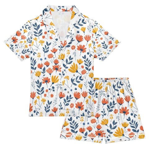 senya Flower Leaf Satin Summer Pajama Sets Silk Short Sleeve Button Down Sleepwear