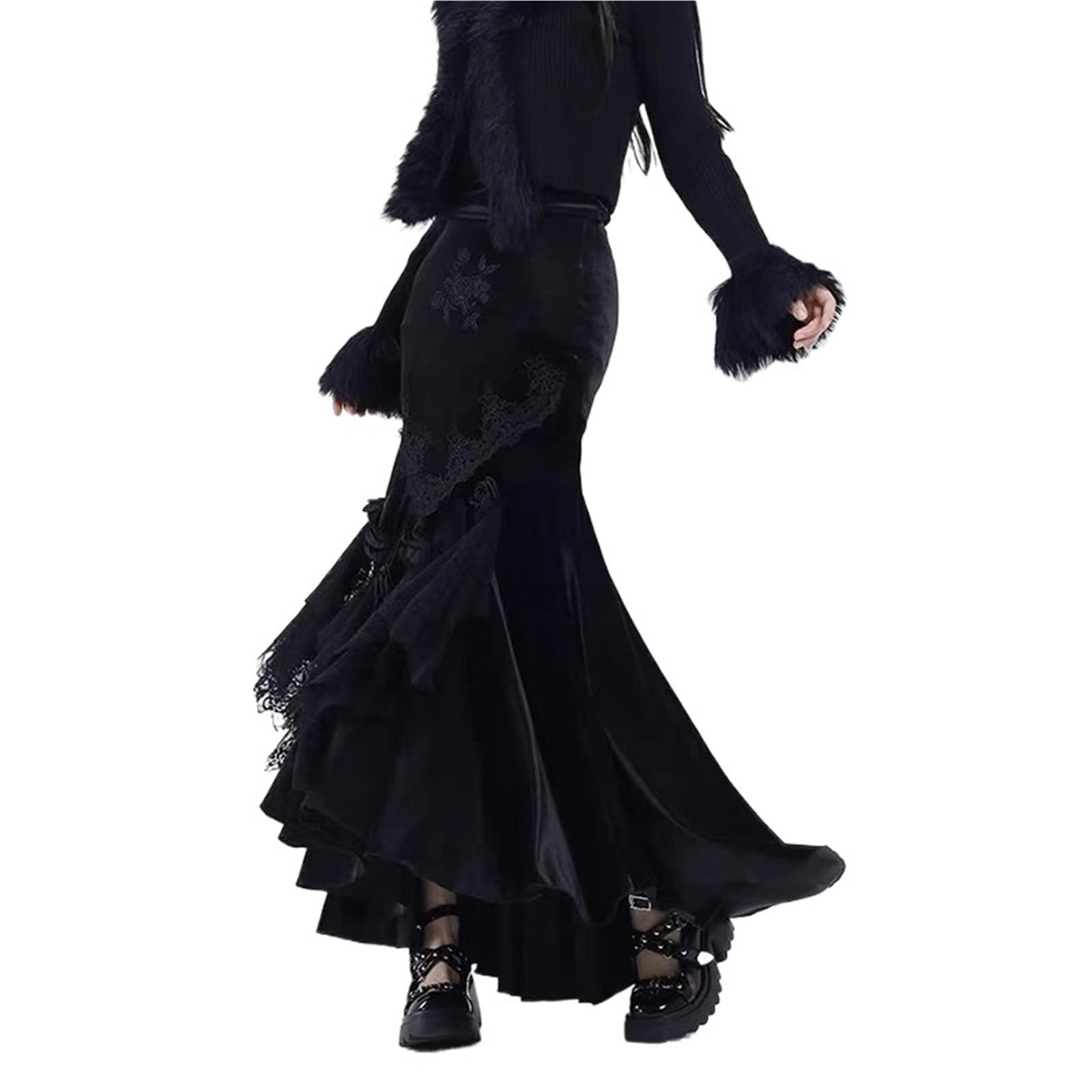 Gonna Longuette in Velluto Nero Vintage da Donna gonne a Sirena in Pizzo Floreale 3D Autunno Inverno Harajuku Gotico Slim Tromba gonne