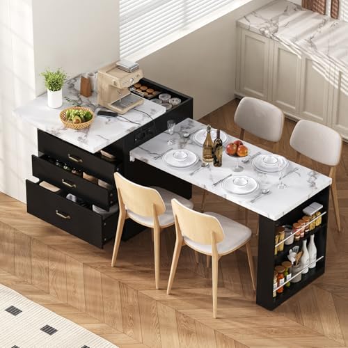YEHTOKHOME Îlot Central Cuisine sur roulettes, Meuble de Cuisine avec Rangement et Plan de Travail Extensible, Table de Bar avec Prises, 2 Tiroirs et Porte,...